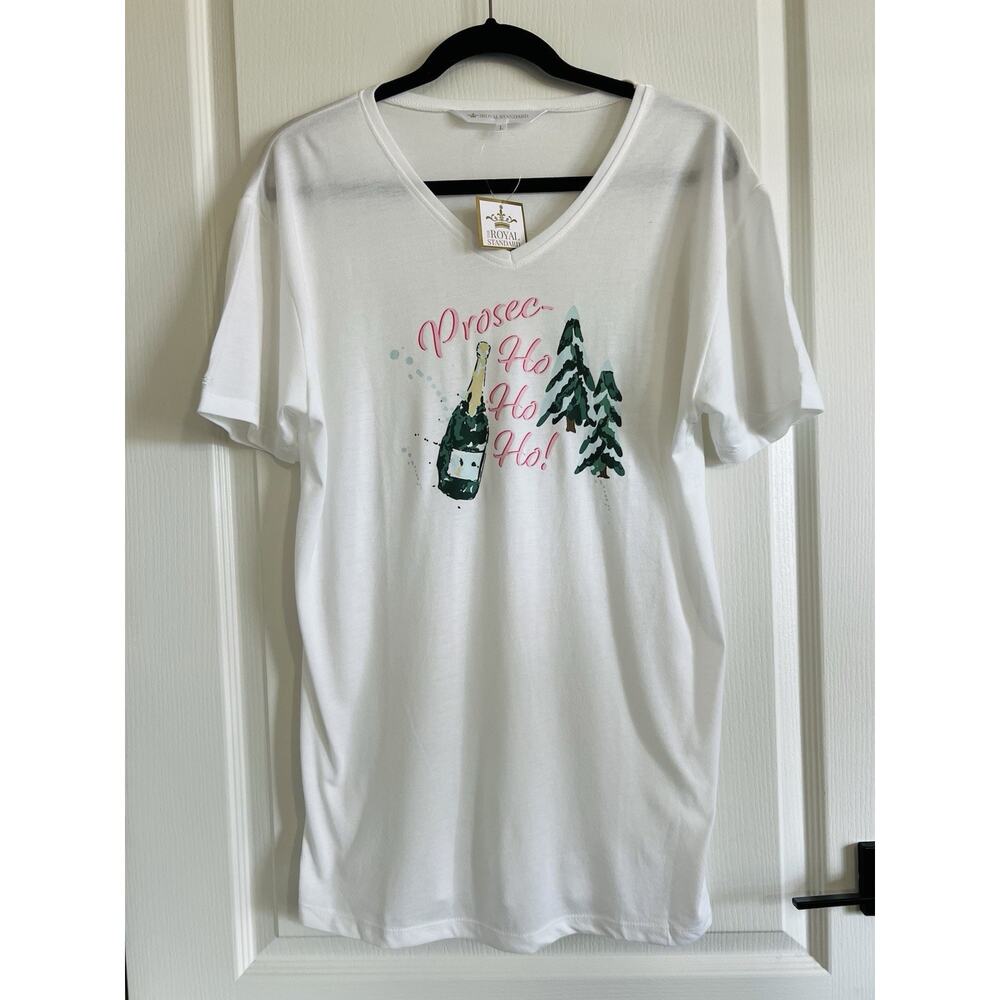 The Royal Standard Women’s V-Neck T-Shirt Prosecco Ho Ho Ho! Sz L NWT